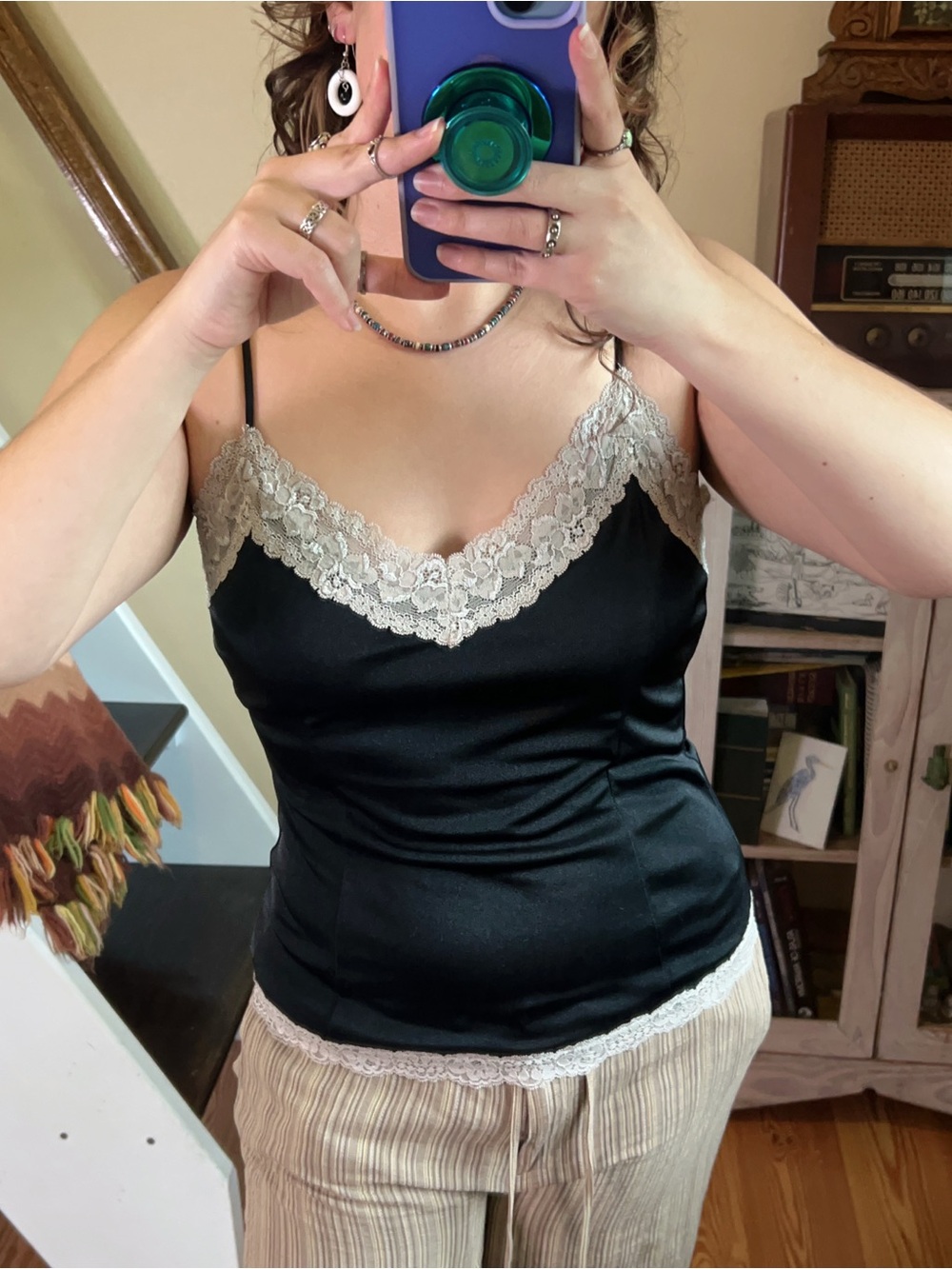 Vintage Y2K Black Silky Satin Cami Top Fitted Lace Trim Minimalist Feminine